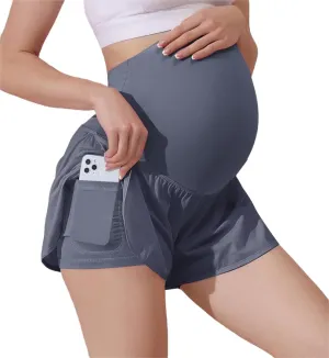 Maacie Women Maternity Layered Fast Drying Yoga Shorts with Liner Inner Pocket