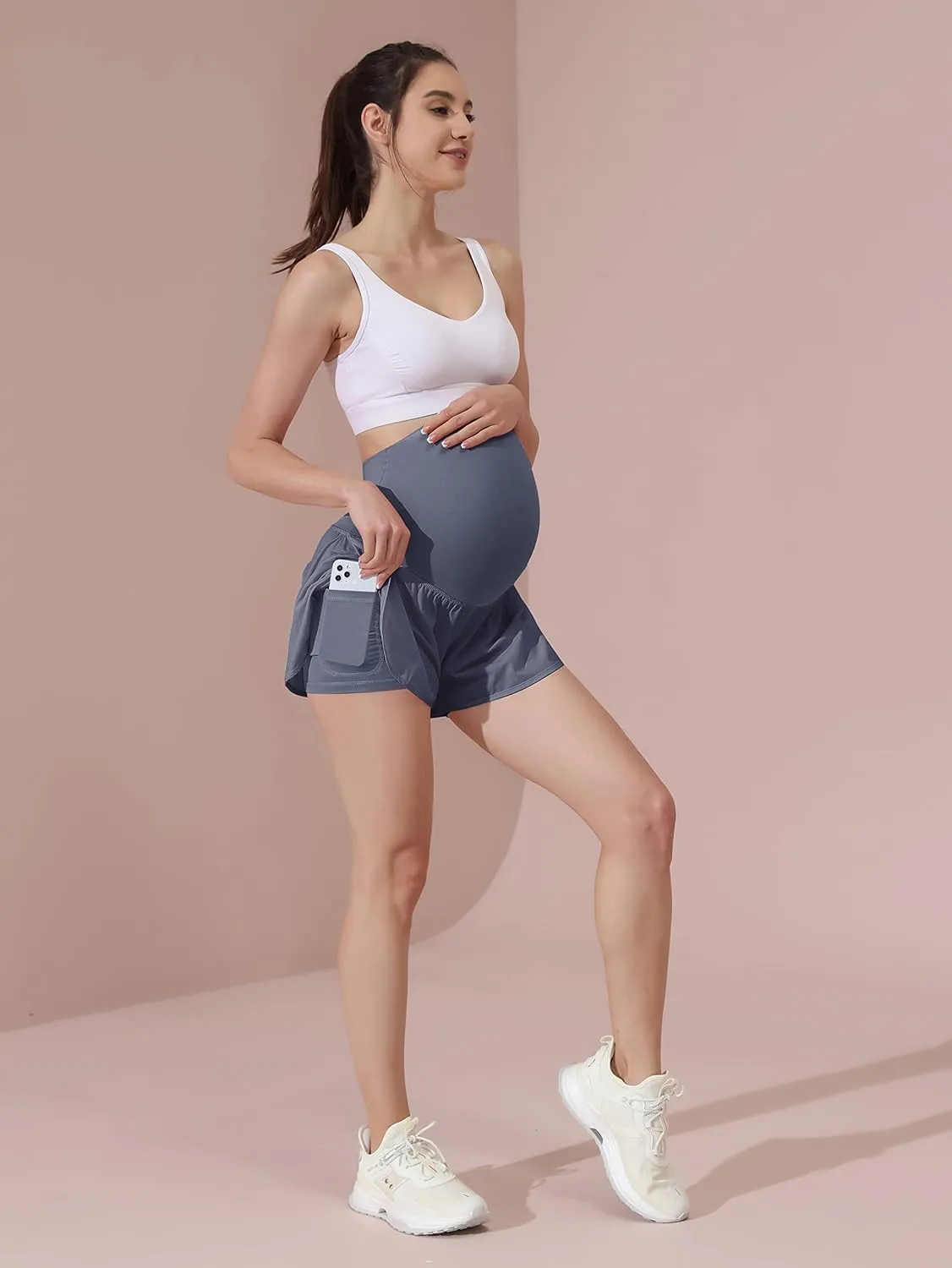 Maacie Women Maternity Layered Fast Drying Yoga Shorts with Liner Inner Pocket