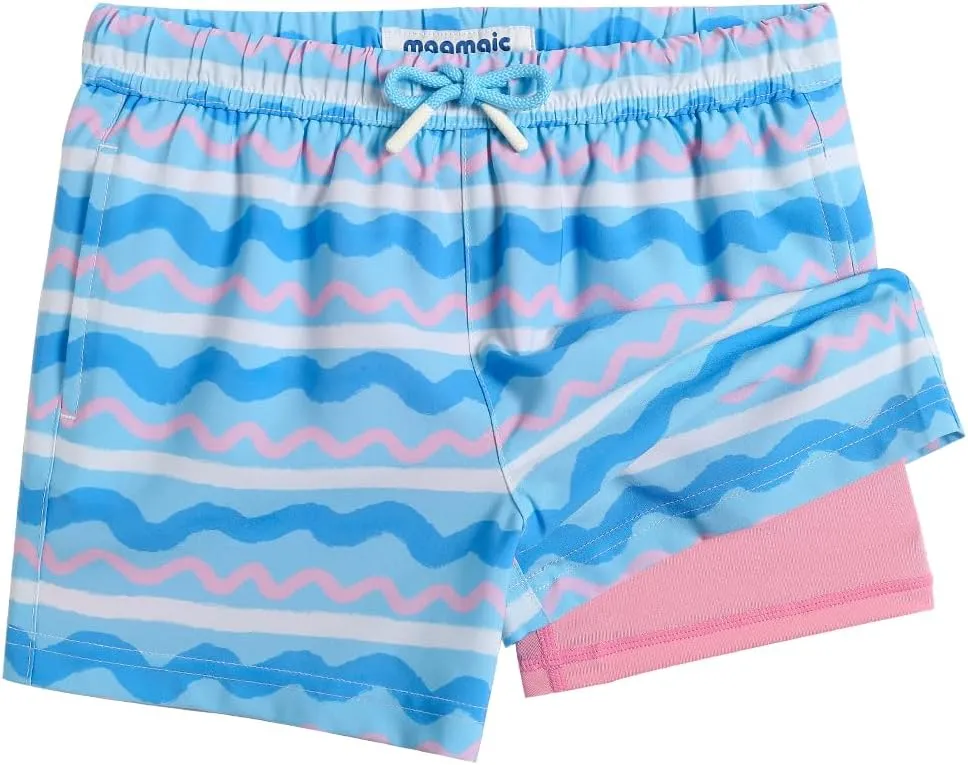 maamgic Boys Swim Trunks with Compression Liner 4-Way Stretch Quick Dry Bathing Suit Toddler Beach Shorts