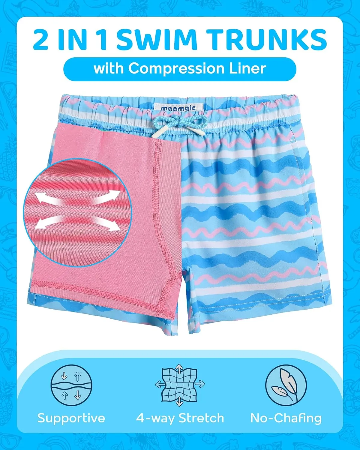 maamgic Boys Swim Trunks with Compression Liner 4-Way Stretch Quick Dry Bathing Suit Toddler Beach Shorts