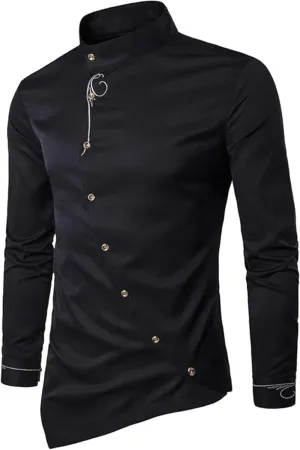 Maiyifu-GJ Men's Irregular Hem Slim Fit Shirt Long Sleeve Button Down Muscle Shirts Casual Retro Banded Collar Dress Shirt