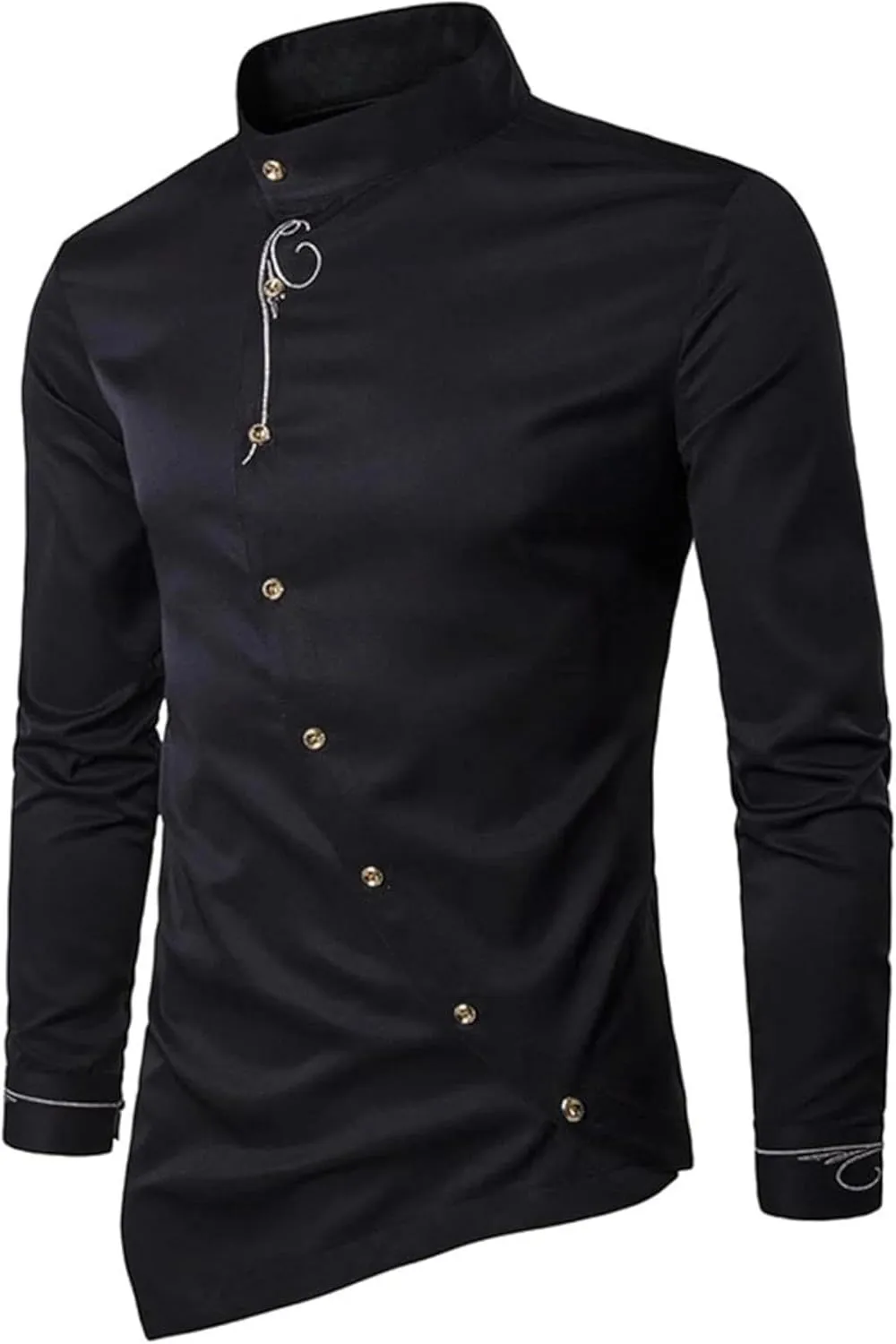 Maiyifu-GJ Men's Irregular Hem Slim Fit Shirt Long Sleeve Button Down Muscle Shirts Casual Retro Banded Collar Dress Shirt