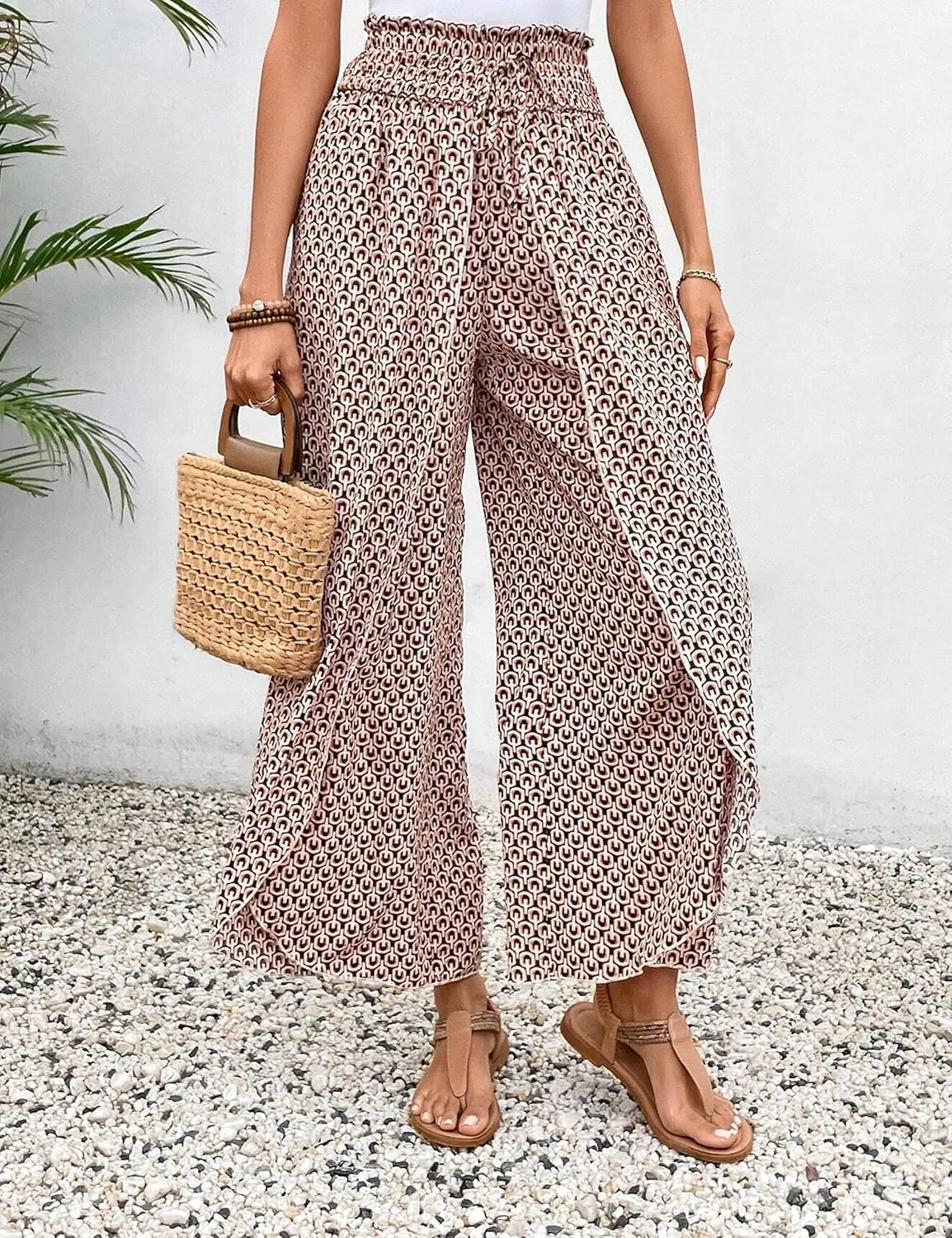 Mansy Women Casual High Waist Split Wide Leg Pants Summer Floral Long Palazzo Pants Lounge Beach Trousers