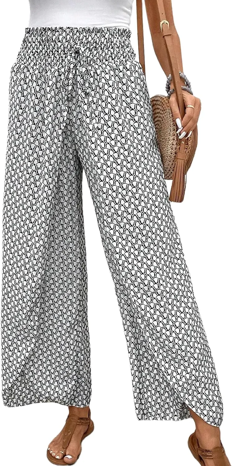 Mansy Women Casual High Waist Split Wide Leg Pants Summer Floral Long Palazzo Pants Lounge Beach Trousers