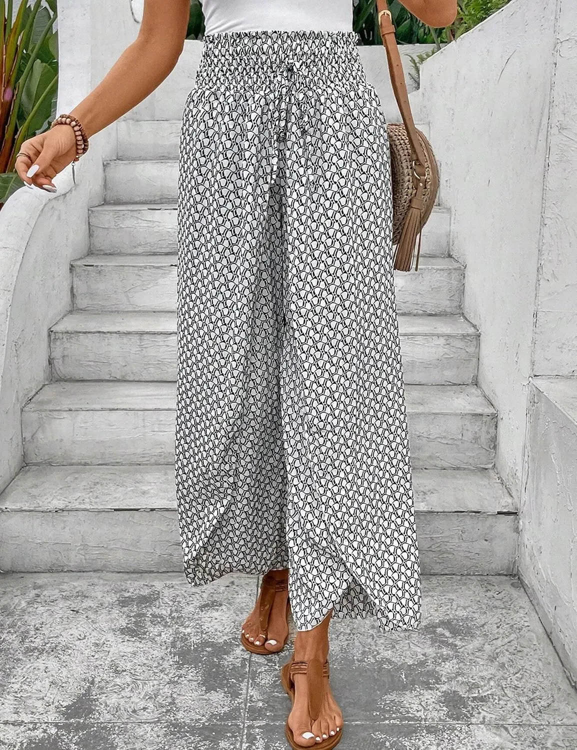 Mansy Women Casual High Waist Split Wide Leg Pants Summer Floral Long Palazzo Pants Lounge Beach Trousers