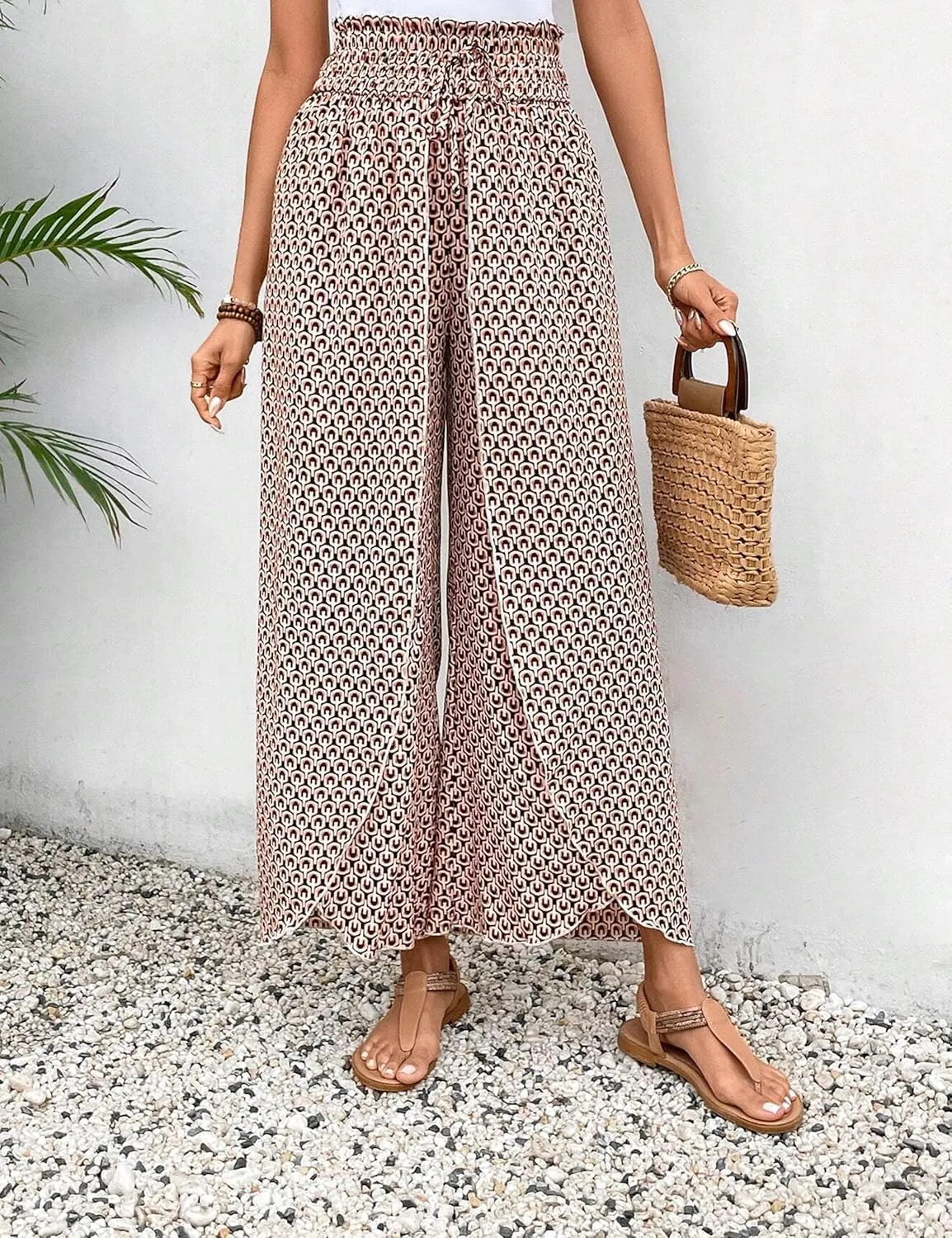 Mansy Women Casual High Waist Split Wide Leg Pants Summer Floral Long Palazzo Pants Lounge Beach Trousers