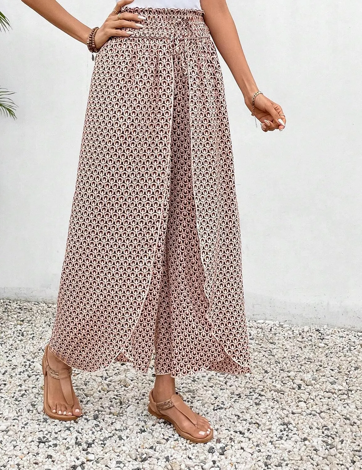 Mansy Women Casual High Waist Split Wide Leg Pants Summer Floral Long Palazzo Pants Lounge Beach Trousers