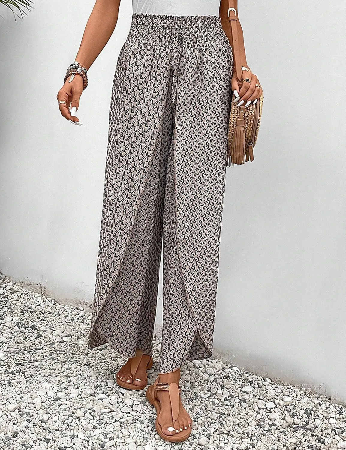 Mansy Women Casual High Waist Split Wide Leg Pants Summer Floral Long Palazzo Pants Lounge Beach Trousers