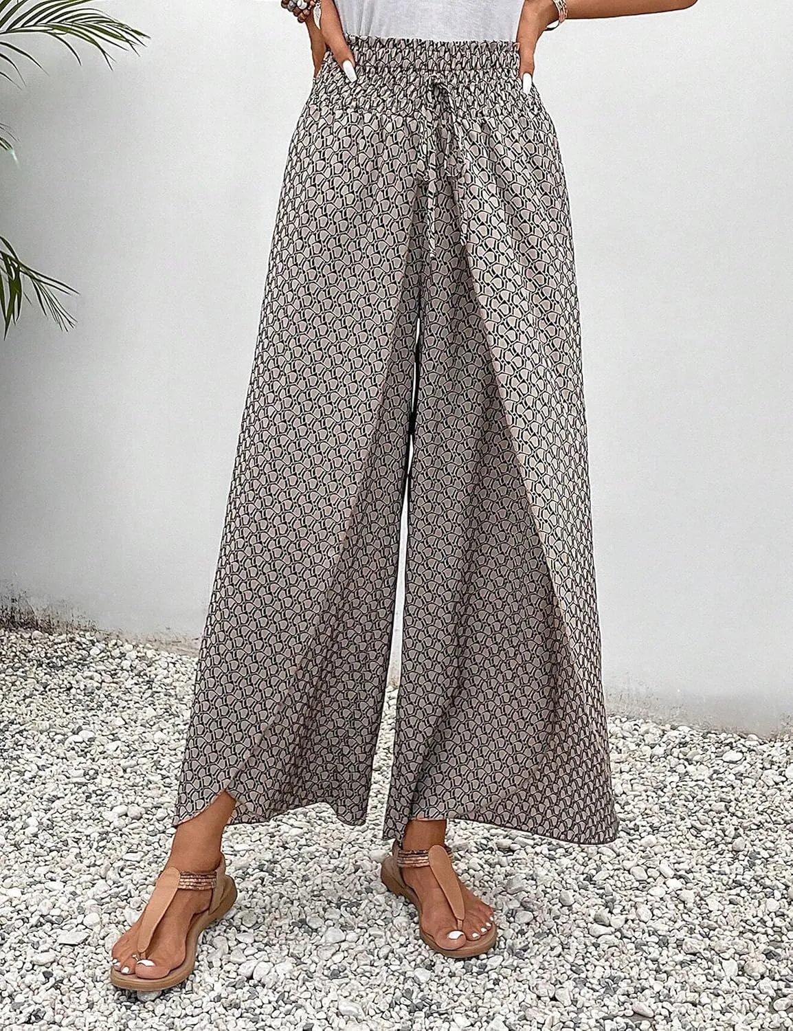 Mansy Women Casual High Waist Split Wide Leg Pants Summer Floral Long Palazzo Pants Lounge Beach Trousers