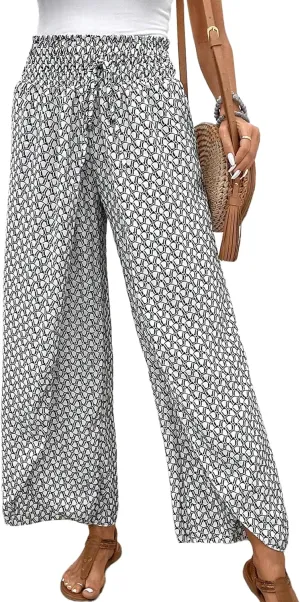 Mansy Women Casual High Waist Split Wide Leg Pants Summer Floral Long Palazzo Pants Lounge Beach Trousers