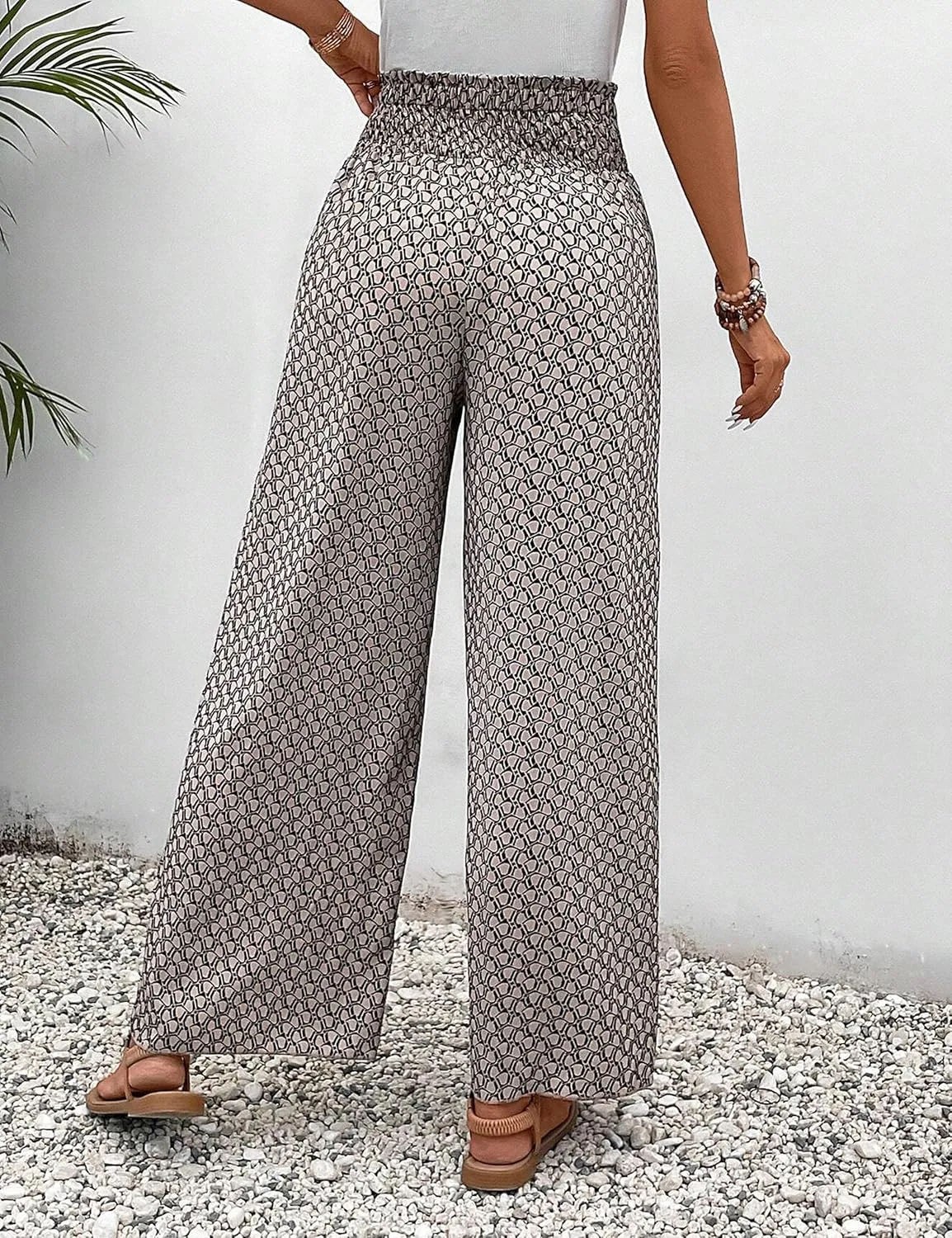 Mansy Women Casual High Waist Split Wide Leg Pants Summer Floral Long Palazzo Pants Lounge Beach Trousers