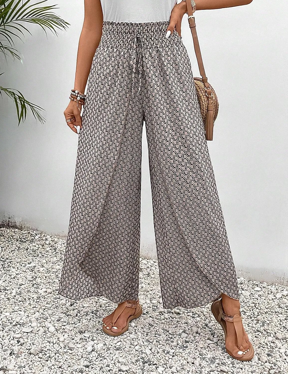 Mansy Women Casual High Waist Split Wide Leg Pants Summer Floral Long Palazzo Pants Lounge Beach Trousers