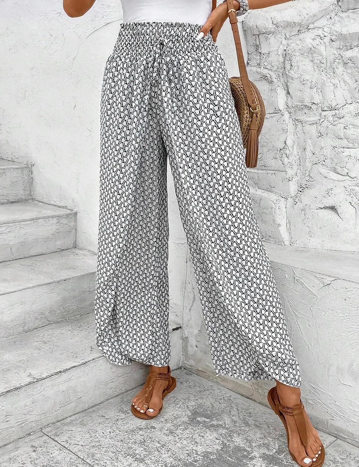 Mansy Women Casual High Waist Split Wide Leg Pants Summer Floral Long Palazzo Pants Lounge Beach Trousers