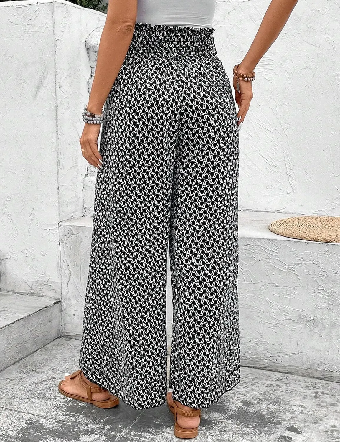 Mansy Women Casual High Waist Split Wide Leg Pants Summer Floral Long Palazzo Pants Lounge Beach Trousers