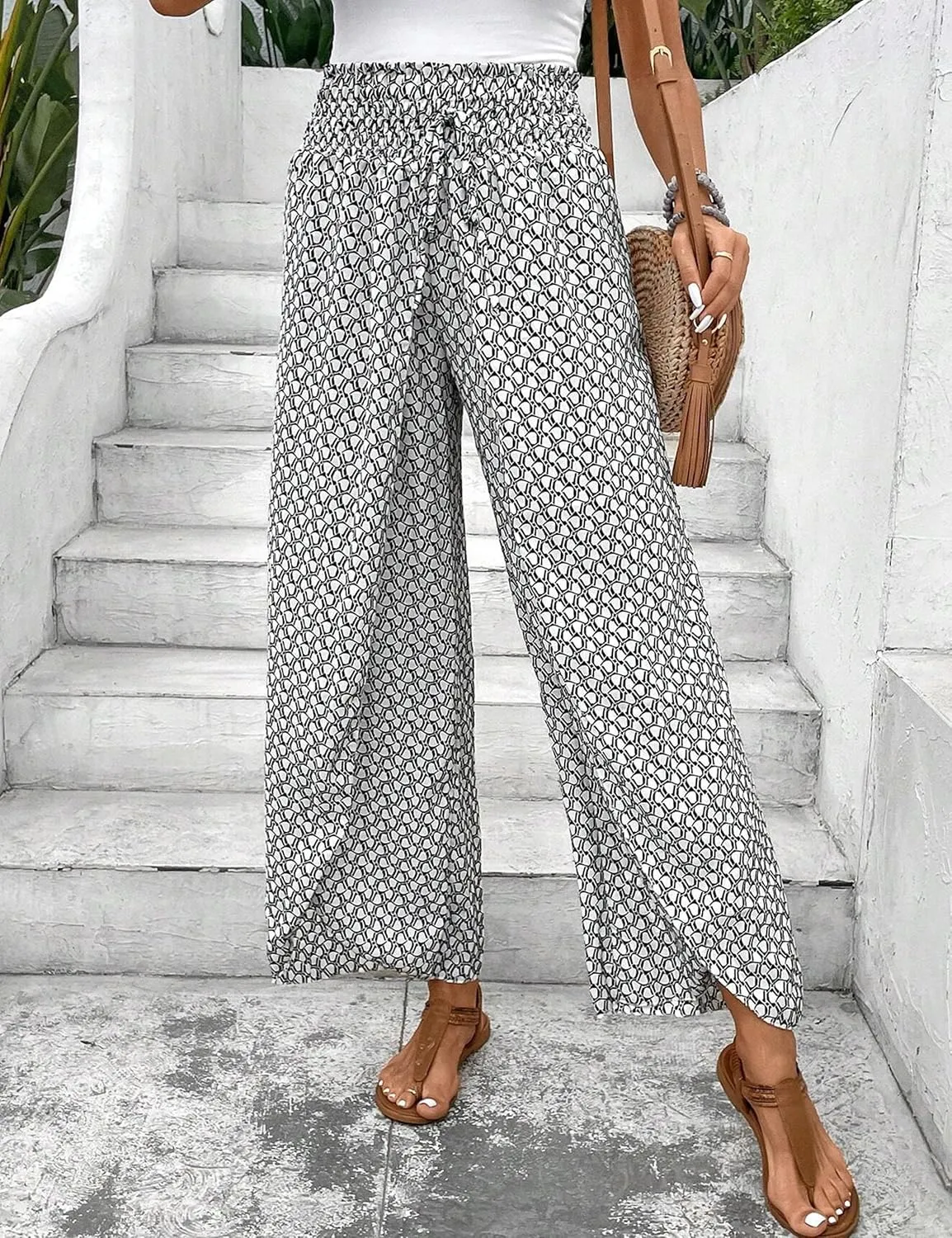 Mansy Women Casual High Waist Split Wide Leg Pants Summer Floral Long Palazzo Pants Lounge Beach Trousers