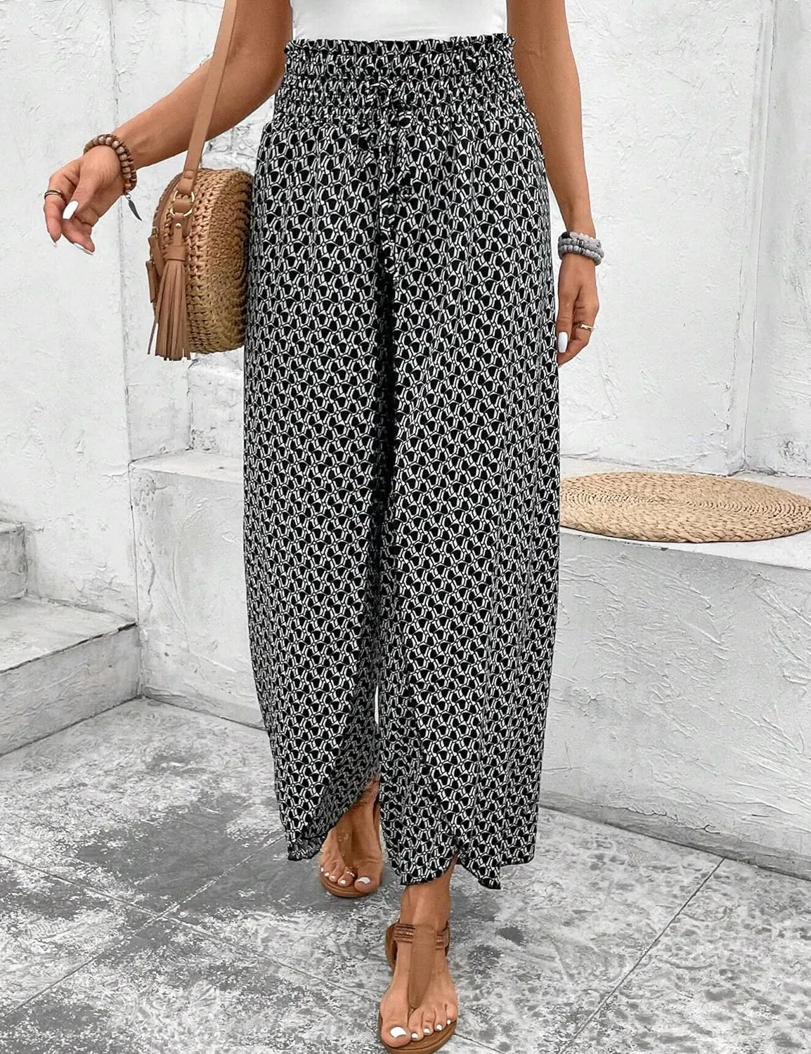 Mansy Women Casual High Waist Split Wide Leg Pants Summer Floral Long Palazzo Pants Lounge Beach Trousers