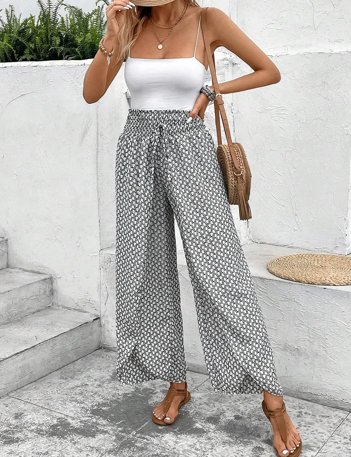 Mansy Women Casual High Waist Split Wide Leg Pants Summer Floral Long Palazzo Pants Lounge Beach Trousers