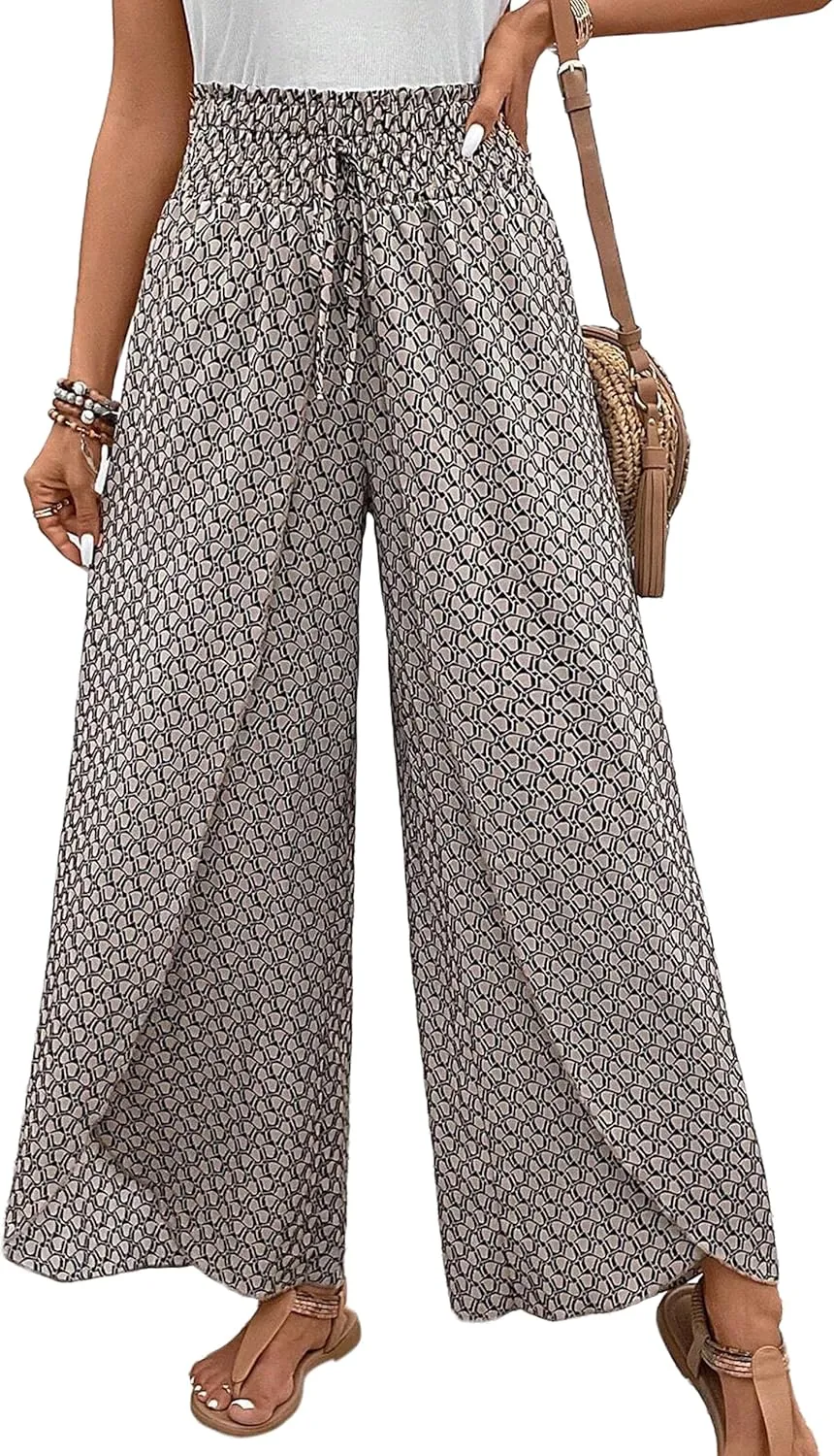 Mansy Women Casual High Waist Split Wide Leg Pants Summer Floral Long Palazzo Pants Lounge Beach Trousers