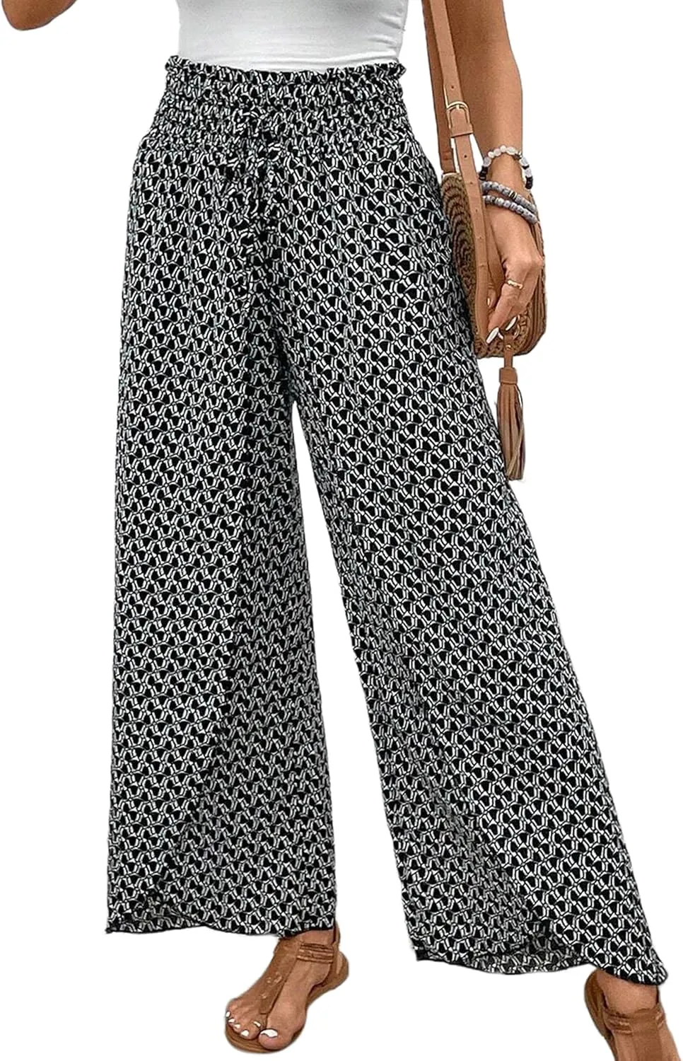 Mansy Women Casual High Waist Split Wide Leg Pants Summer Floral Long Palazzo Pants Lounge Beach Trousers