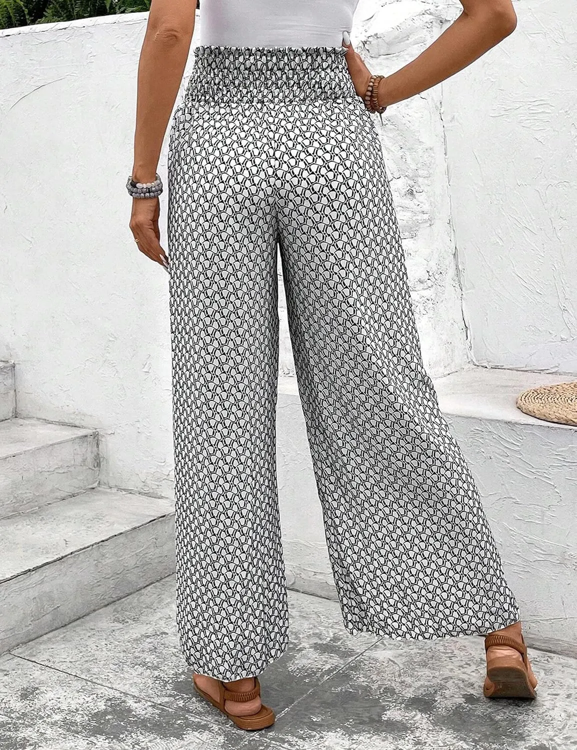 Mansy Women Casual High Waist Split Wide Leg Pants Summer Floral Long Palazzo Pants Lounge Beach Trousers