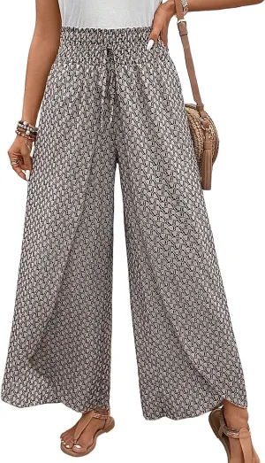 Mansy Women Casual High Waist Split Wide Leg Pants Summer Floral Long Palazzo Pants Lounge Beach Trousers
