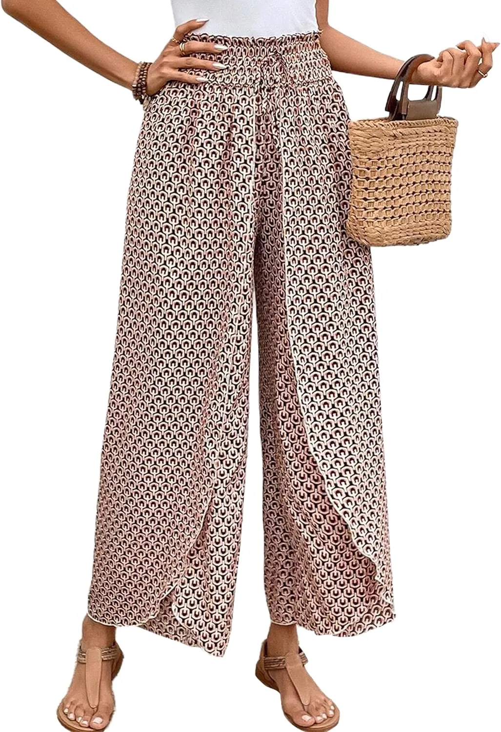 Mansy Women Casual High Waist Split Wide Leg Pants Summer Floral Long Palazzo Pants Lounge Beach Trousers