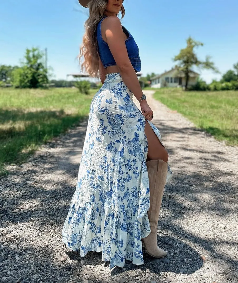 Melliflo Womens Summer Boho Skirts Ruffle Flowy Maxi Floral Skirt Teens High Waisted Slit Long Skirt