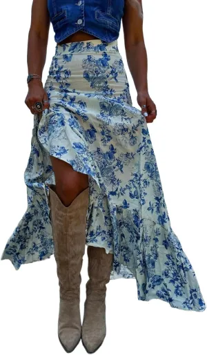 Melliflo Womens Summer Boho Skirts Ruffle Flowy Maxi Floral Skirt Teens High Waisted Slit Long Skirt