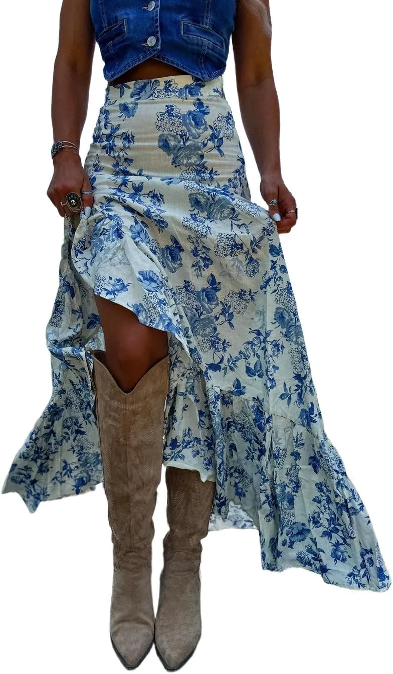 Melliflo Womens Summer Boho Skirts Ruffle Flowy Maxi Floral Skirt Teens High Waisted Slit Long Skirt