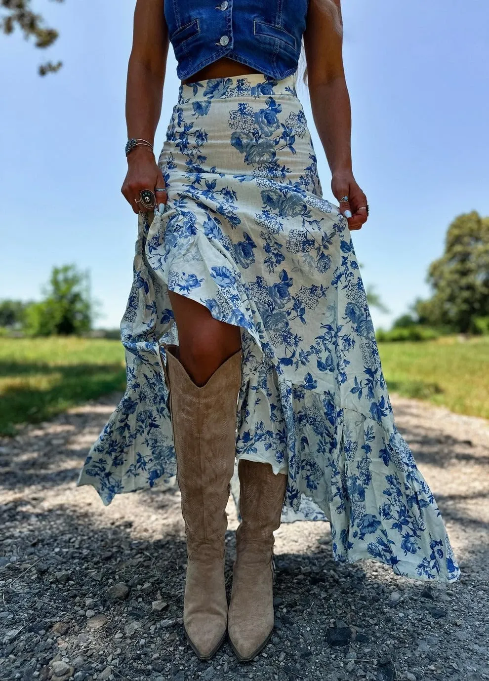Melliflo Womens Summer Boho Skirts Ruffle Flowy Maxi Floral Skirt Teens High Waisted Slit Long Skirt