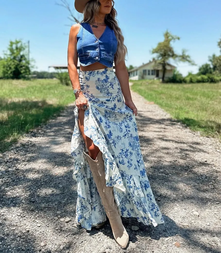 Melliflo Womens Summer Boho Skirts Ruffle Flowy Maxi Floral Skirt Teens High Waisted Slit Long Skirt