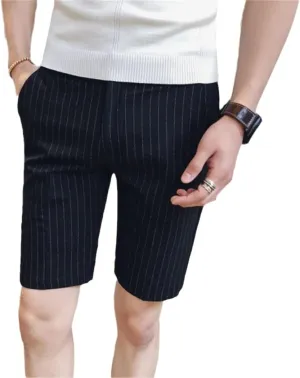 Men Summer Slim Fit Striped Shorts Knee Length Gentlemen Business Formal Wear Casual Short Black
