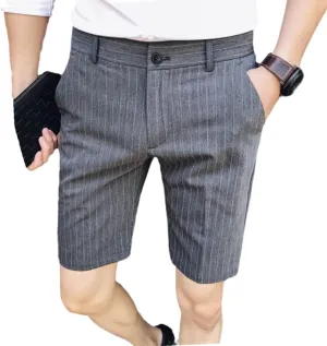 Men Summer Slim Fit Striped Shorts Knee Length Gentlemen Business Formal Wear Casual Short Gray