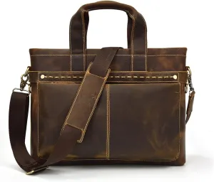 Men's Briefcase Vintage Leather Men's 15-inch Laptop Commuter Tote Top Layer Cowhide Shoulder Bag