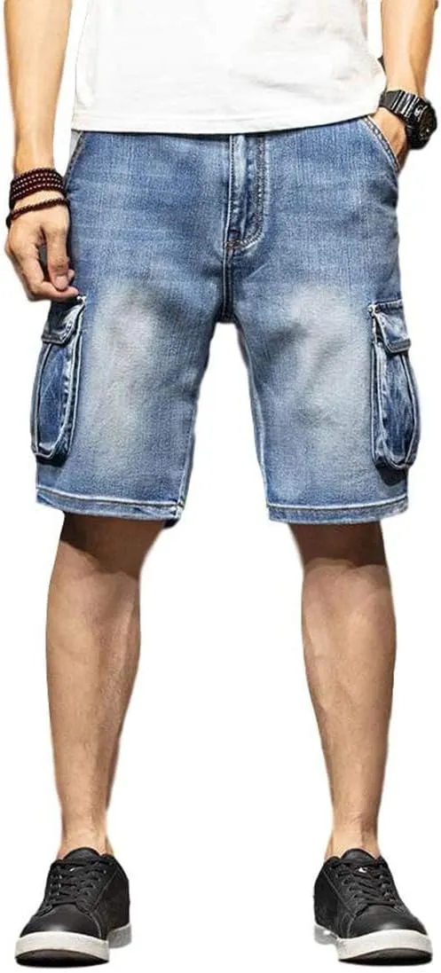 Men`s Cargo Denim Biker Jeans Shorts with Zippers