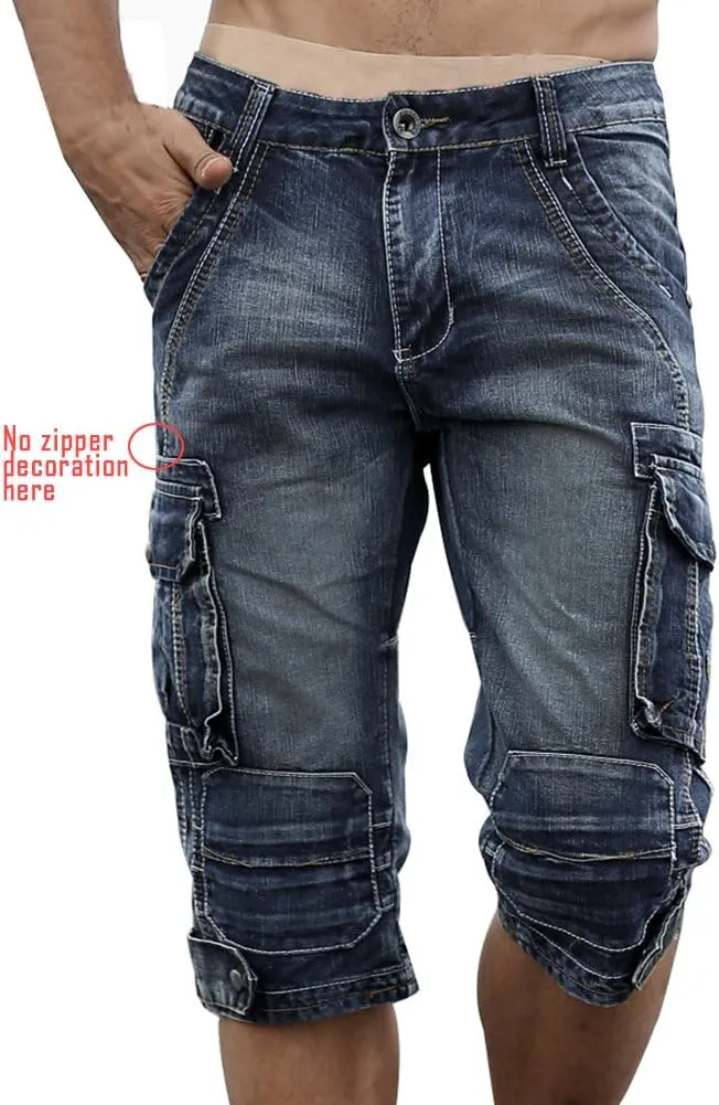Men`s Cargo Denim Biker Jeans Shorts with Zippers