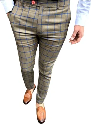 Men's Casual Plaid Pencil Pants Slim Fit Stretch Business Work Dress Pants Flex Check Tapered Ankle Chinos Trousers Khaki