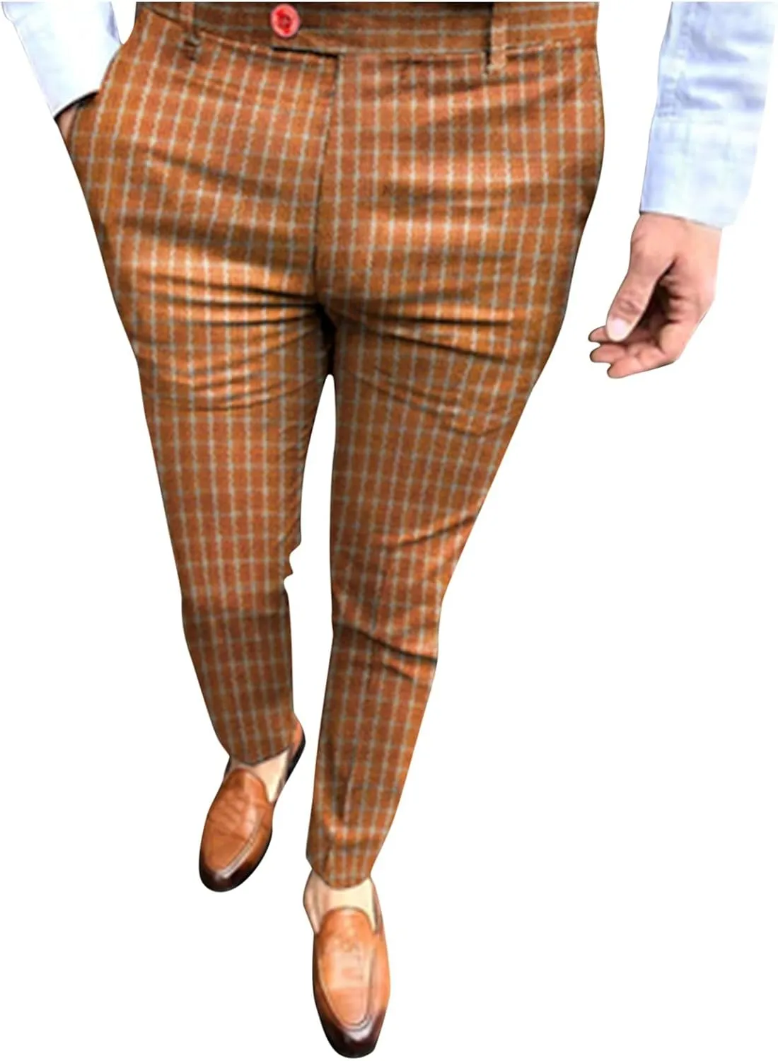 Men's Casual Plaid Pencil Pants Slim Fit Stretch Business Work Dress Pants Flex Check Tapered Ankle Chinos Trousers Orange