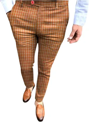 Men's Casual Plaid Pencil Pants Slim Fit Stretch Business Work Dress Pants Flex Check Tapered Ankle Chinos Trousers Orange