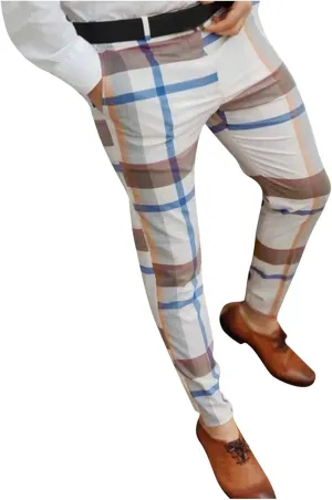 Mens Casual Stretch Plaid Pants Slim Fit Tapered Skinny Business Dress Pants Fashion Contrast Color Check Pencil Trouser Brown