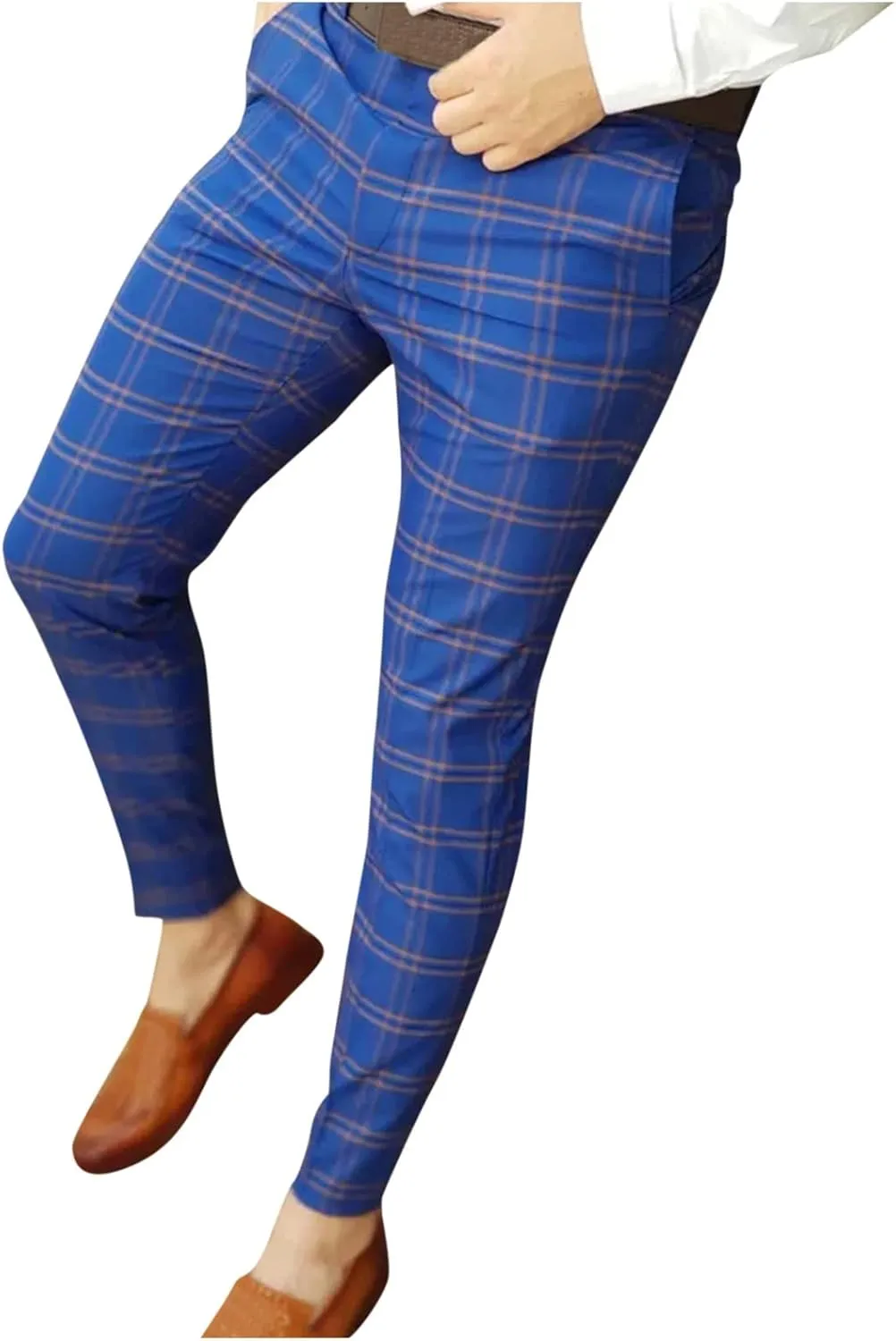 Mens Chinos Pants Plaid Striped Slim Fit Stretch Flat-Front Skinny Dress Pants Business Work Casual Zip Pencil Trousers Blue