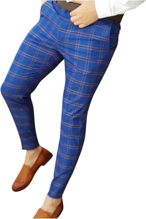 Mens Chinos Pants Plaid Striped Slim Fit Stretch Flat-Front Skinny Dress Pants Business Work Casual Zip Pencil Trousers Blue