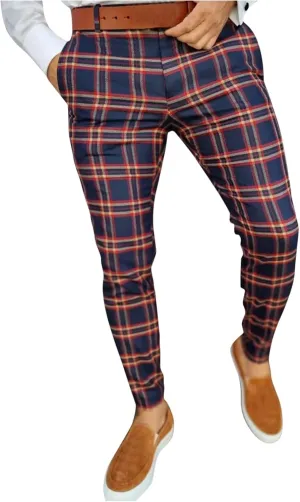 Mens Chinos Pants Plaid Striped Slim Fit Stretch Flat-Front Skinny Dress Pants Business Work Casual Zip Pencil Trousers Navy