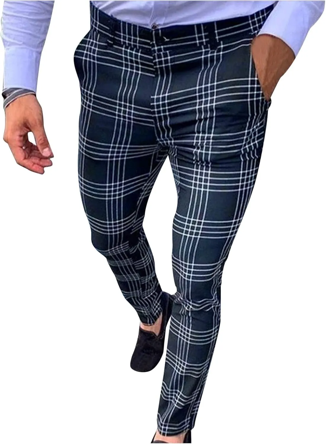 Men's Dress Suit Pants Slim Fit Striped Plaid Printed Flat-Front Stretch Pants Straight Business Skinny Pencil Trousers Navy