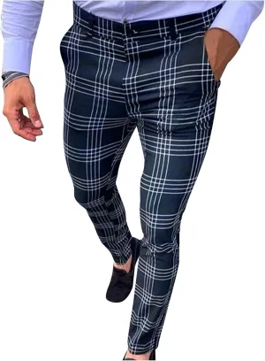 Men's Dress Suit Pants Slim Fit Striped Plaid Printed Flat-Front Stretch Pants Straight Business Skinny Pencil Trousers Navy
