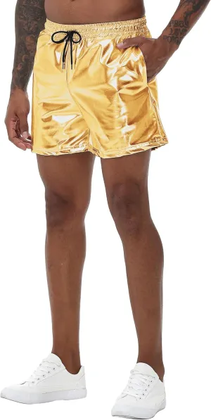 Mens Gold Metallic Shiny Rave Night Club Shorts Comfort Sweatpants Disco Dance Party Elastic Trousers
