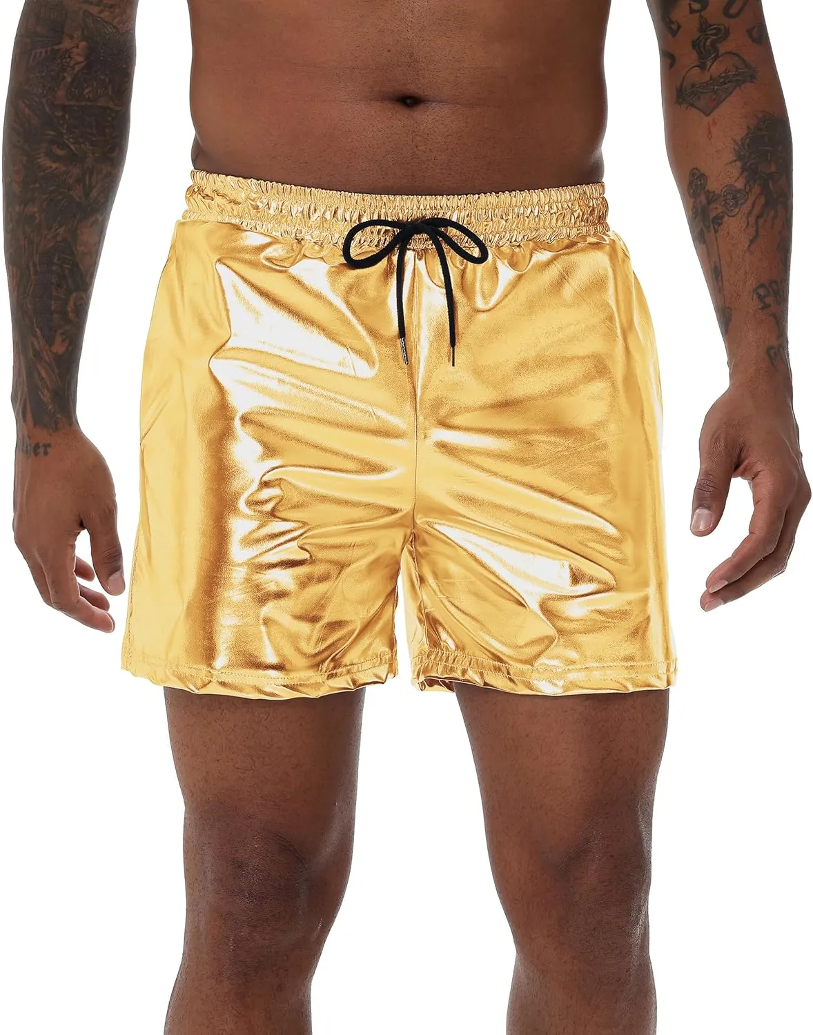 Mens Gold Metallic Shiny Rave Night Club Shorts Comfort Sweatpants Disco Dance Party Elastic Trousers