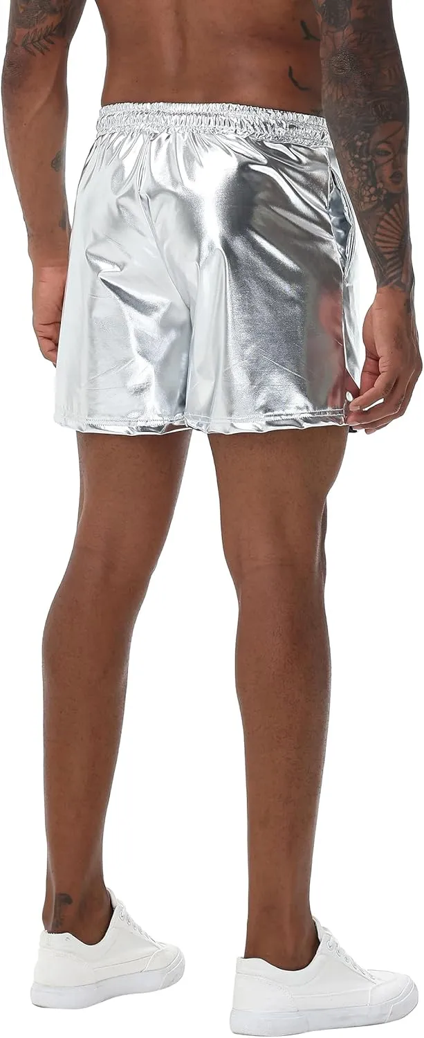 Mens Gold Metallic Shiny Rave Night Club Shorts Comfort Sweatpants Disco Dance Party Elastic Trousers