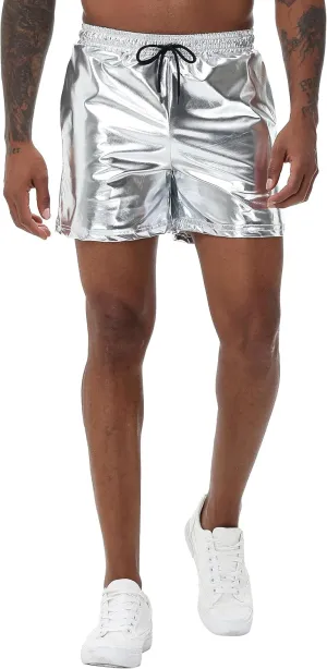 Mens Gold Metallic Shiny Rave Night Club Shorts Comfort Sweatpants Disco Dance Party Elastic Trousers
