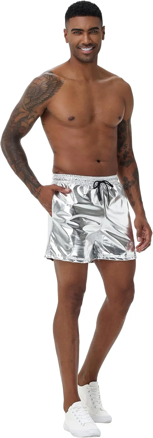 Mens Gold Metallic Shiny Rave Night Club Shorts Comfort Sweatpants Disco Dance Party Elastic Trousers